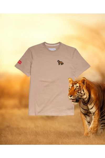 T-shirt męski Basic z tygrysem azjatyckim - beżowy